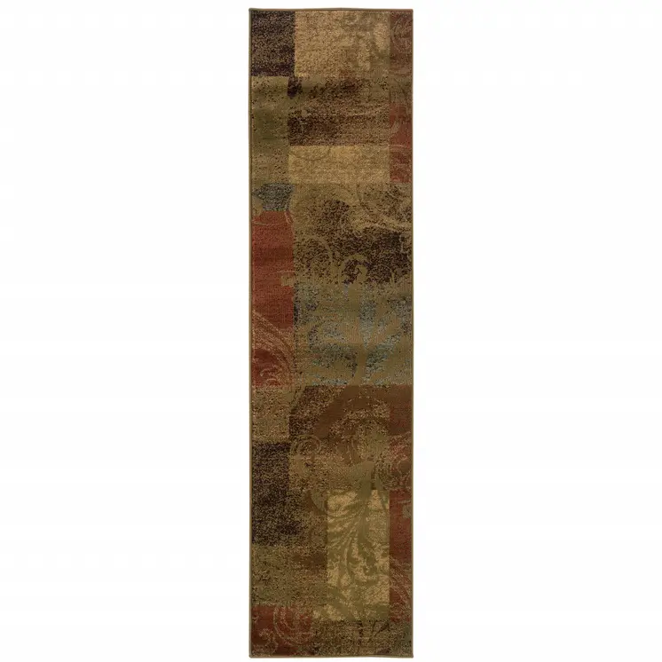 2' X 8' Green Geometric Power Loom Stain Resistant Runner Rug