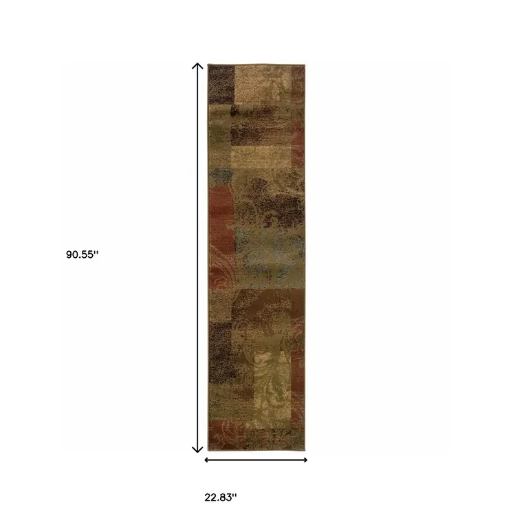 2' X 8' Green Geometric Power Loom Stain Resistant Runner Rug