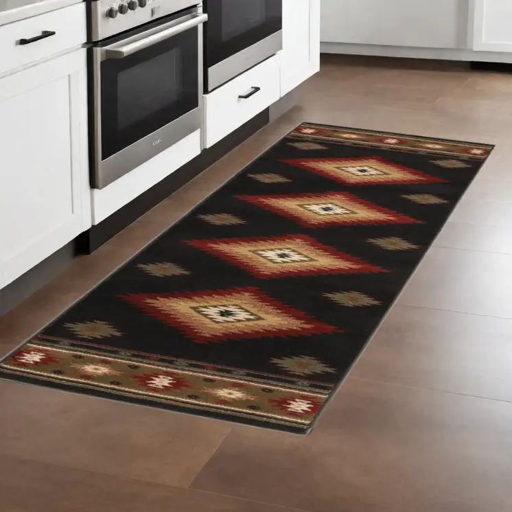 8' Black And Green Southwestern Runner Rug