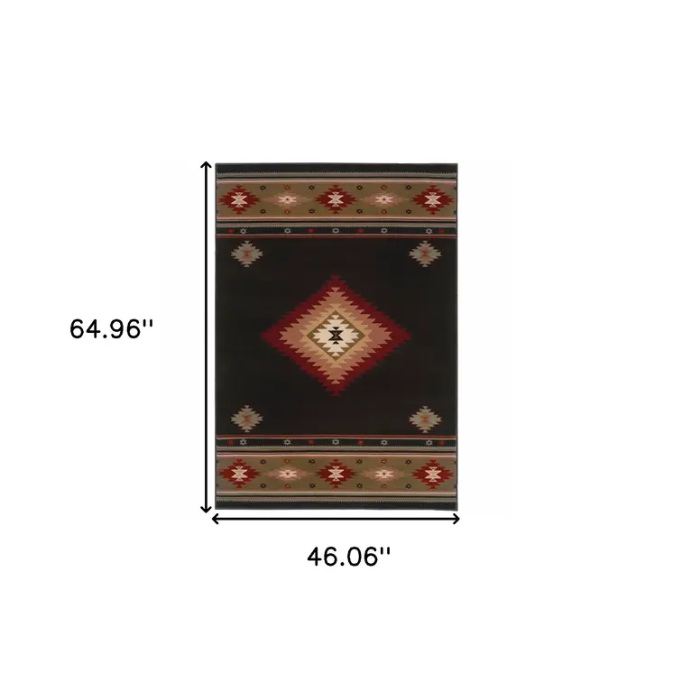 4' X 6' Black And Green Southwestern Power Loom Stain Resistant Area Rug
