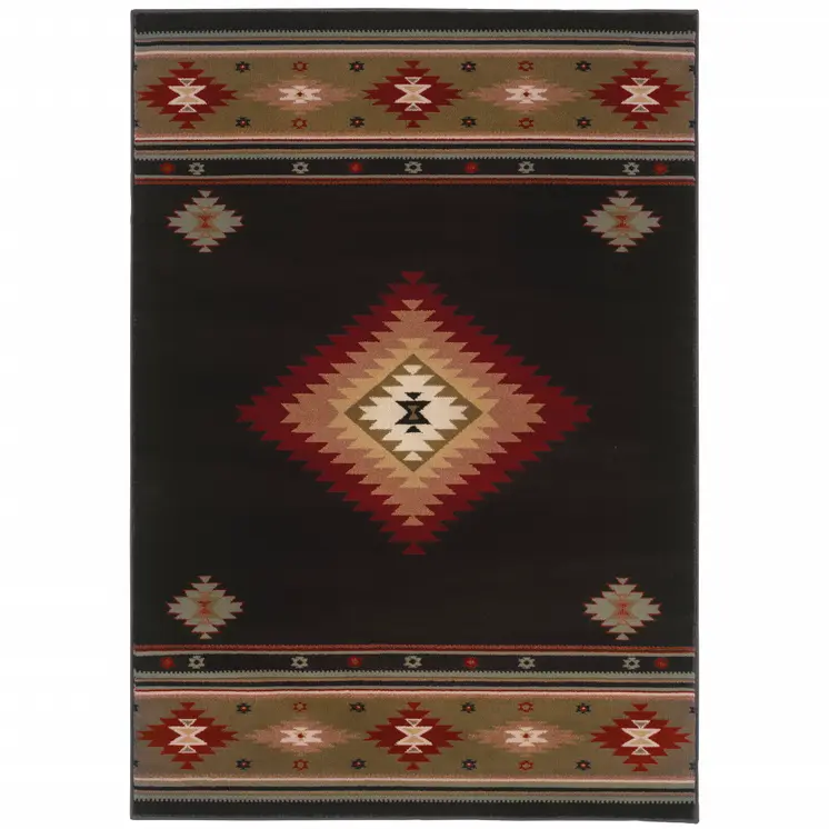 8' X 11' Black And Green Southwestern Power Loom Stain Resistant Area Rug