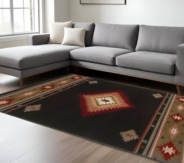 8' X 11' Black And Green Southwestern Power Loom Stain Resistant Area Rug