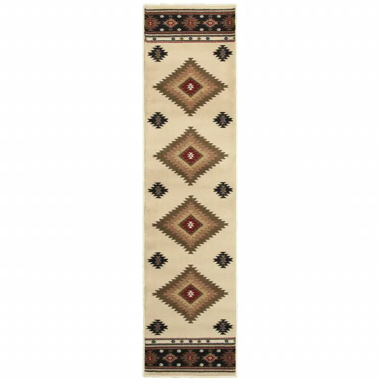 2' X 8' Beige Southwestern Power Loom Stain Resistant Runner Rug