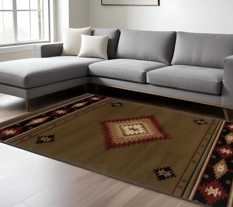 10' X 13' Green Southwestern Power Loom Stain Resistant Area Rug