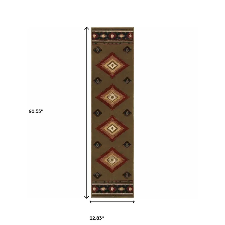 2' X 8' Green Southwestern Power Loom Stain Resistant Runner Rug