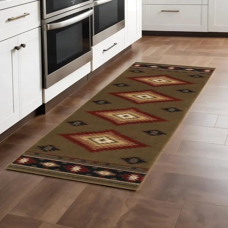 2' X 8' Green Southwestern Power Loom Stain Resistant Runner Rug
