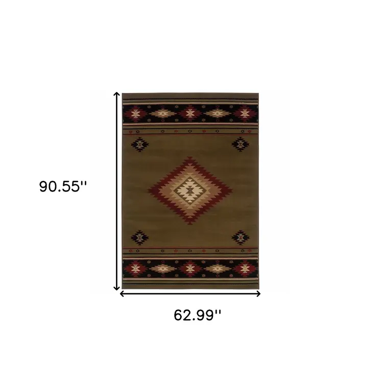 5' X 8' Green Southwestern Power Loom Stain Resistant Area Rug