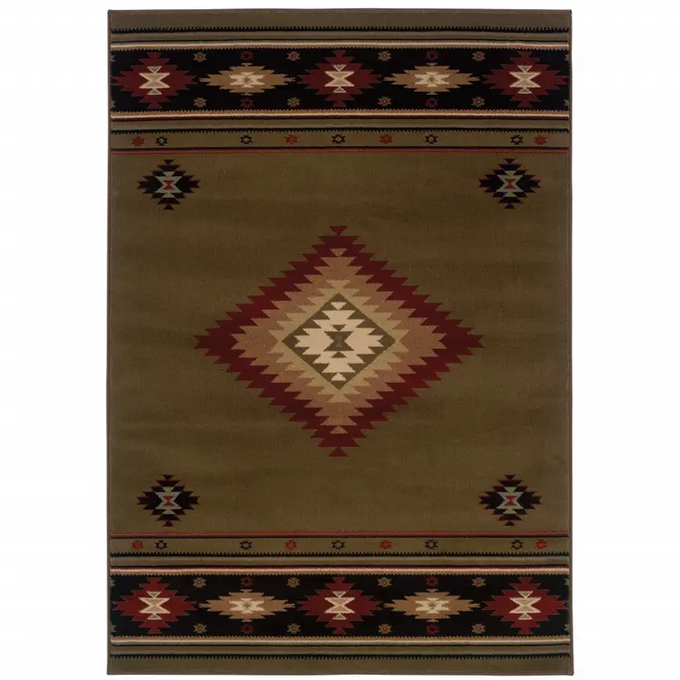 8' X 11' Green Southwestern Power Loom Stain Resistant Area Rug