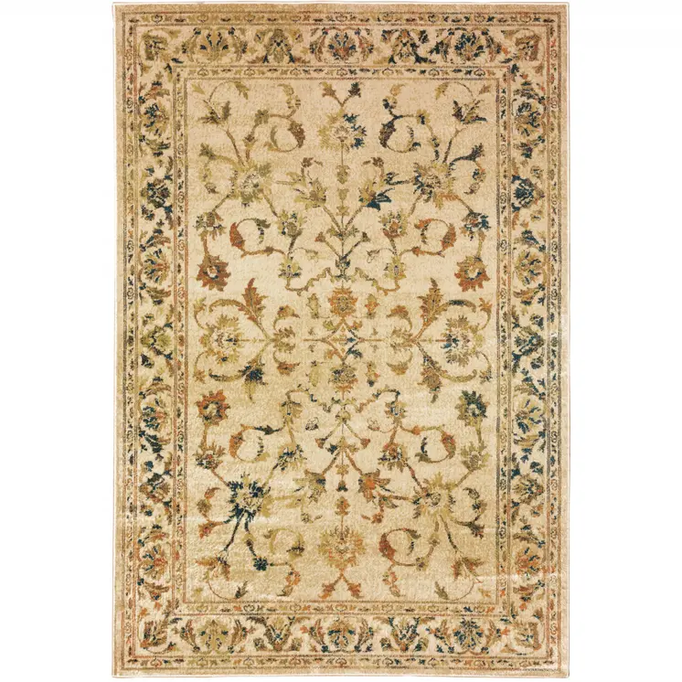 10' X 13' Beige Gold And Teal Oriental Power Loom Stain Resistant Area Rug
