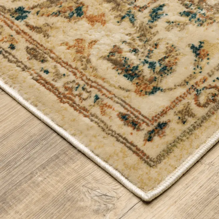 10' X 13' Beige Gold And Teal Oriental Power Loom Stain Resistant Area Rug