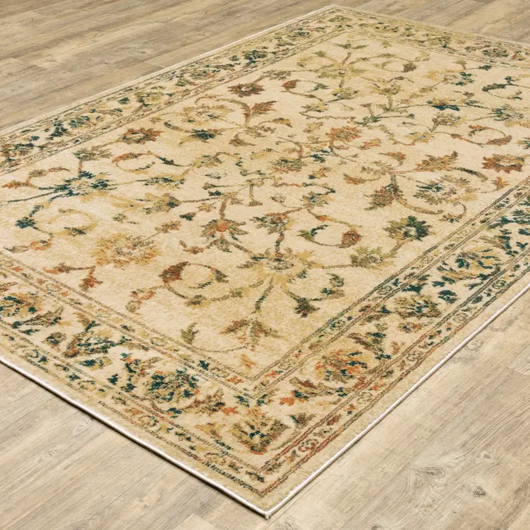 10' X 13' Beige Gold And Teal Oriental Power Loom Stain Resistant Area Rug