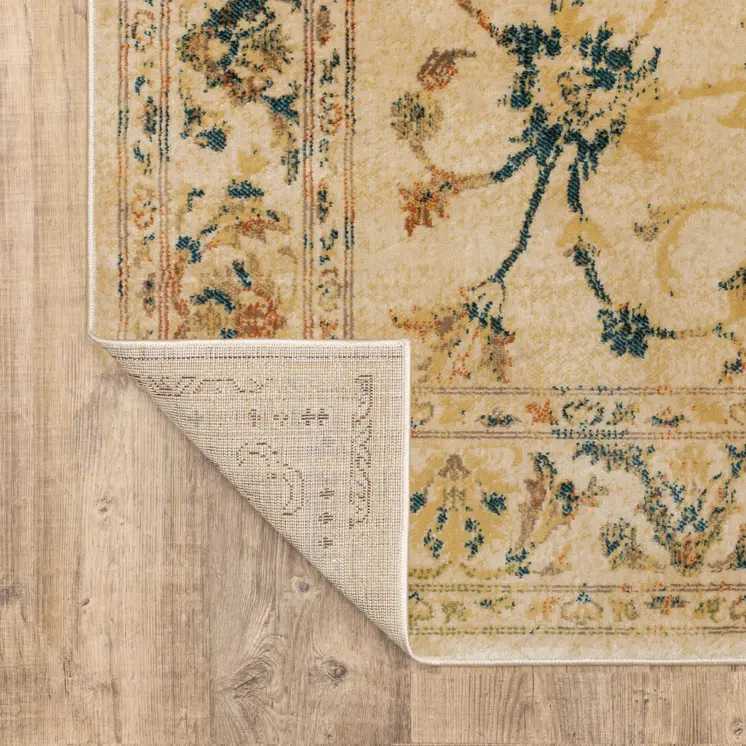 10' X 13' Beige Gold And Teal Oriental Power Loom Stain Resistant Area Rug