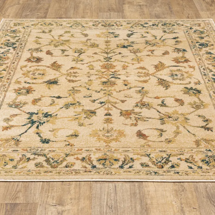 10' X 13' Beige Gold And Teal Oriental Power Loom Stain Resistant Area Rug