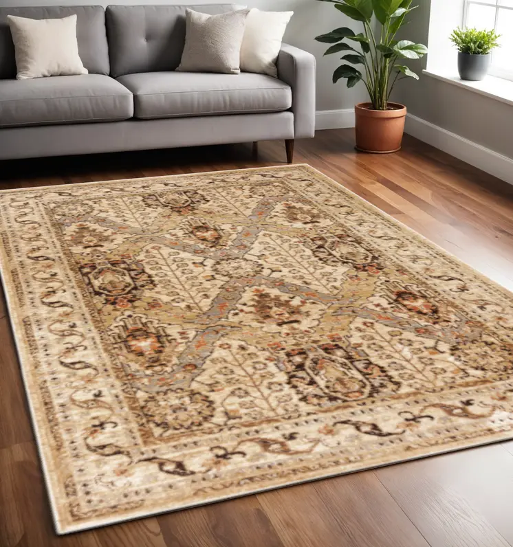 5' X 7' Beige Grey Dolphin Blue Deep Teal Gold And Orange Oriental Power Loom Stain Resistant Area Rug