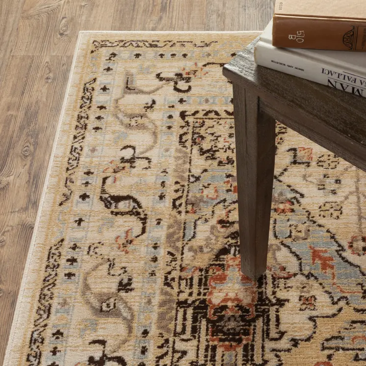 5' X 7' Beige Grey Dolphin Blue Deep Teal Gold And Orange Oriental Power Loom Stain Resistant Area Rug