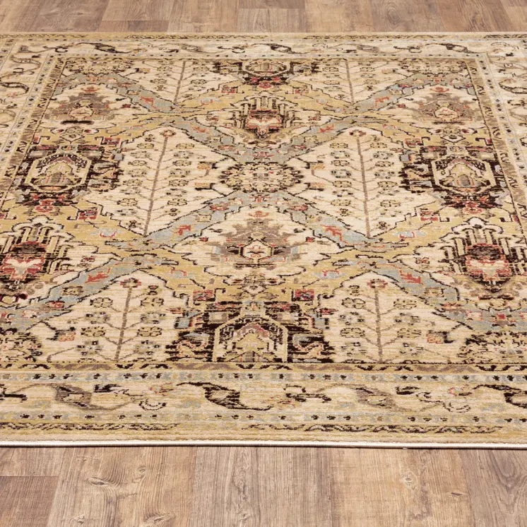 5' X 7' Beige Grey Dolphin Blue Deep Teal Gold And Orange Oriental Power Loom Stain Resistant Area Rug