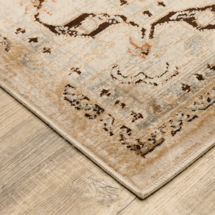 10' X 13' Beige Grey Dolphin Blue Deep Teal Gold And Orange Oriental Power Loom Stain Resistant Area Rug