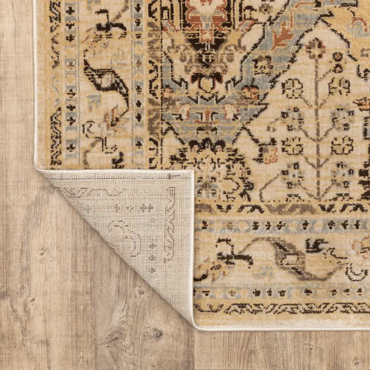 10' X 13' Beige Grey Dolphin Blue Deep Teal Gold And Orange Oriental Power Loom Stain Resistant Area Rug