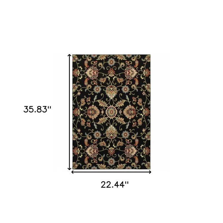 2' X 4' Green and Black Floral Power Loom Area Rug