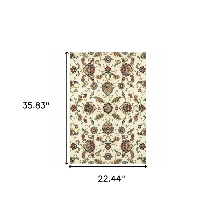 2' X 4' Ivory Green Blue Red Salmon And Yellow Floral Power Loom Stain Resistant Area Rug