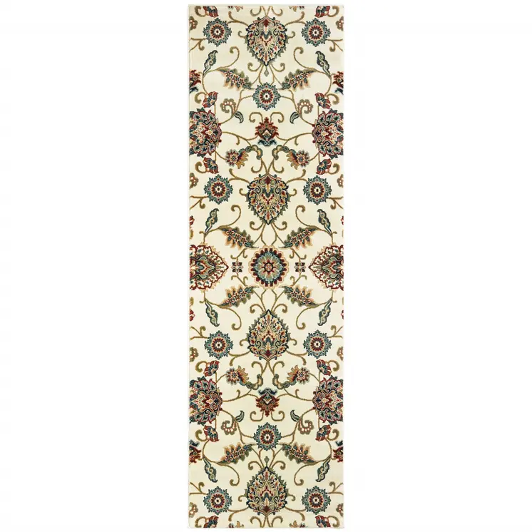 2' X 8' Ivory Floral Power Loom Stain Resistant Runner Rug