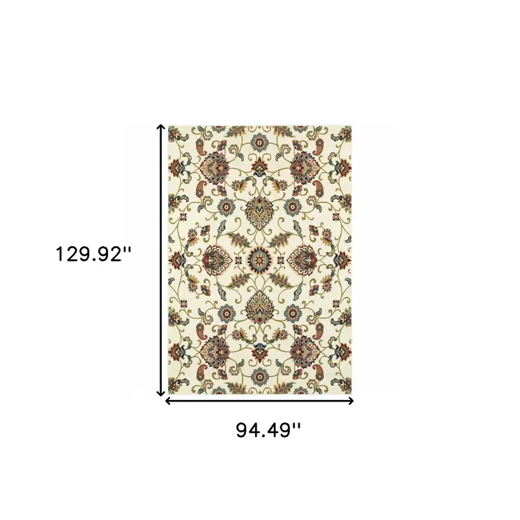 8' X 11' Ivory Green Blue Red Salmon And Yellow Floral Power Loom Stain Resistant Area Rug