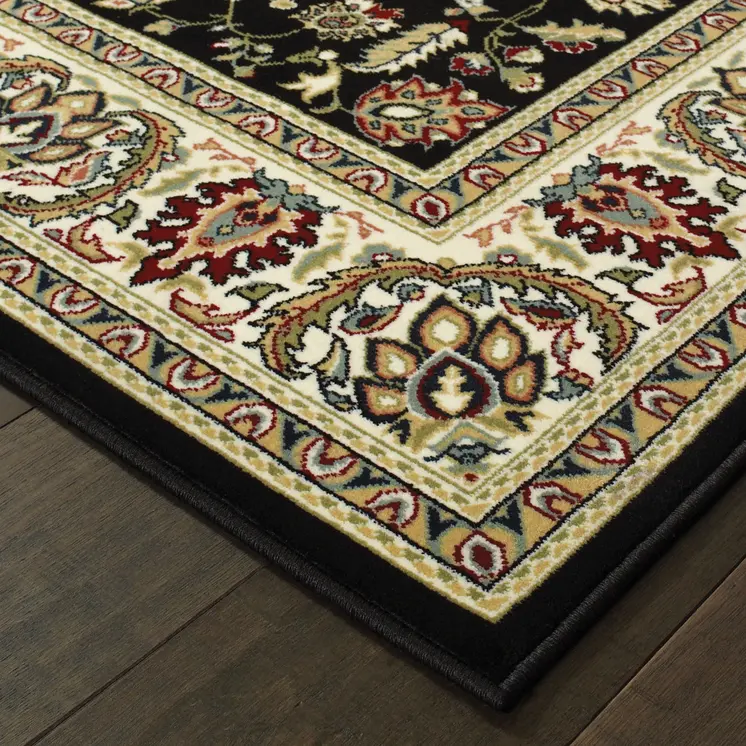 2' X 4' Black And Ivory Oriental Power Loom Stain Resistant Area Rug