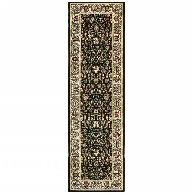 2' X 8' Black And Ivory Oriental Power Loom Stain Resistant Runner Rug
