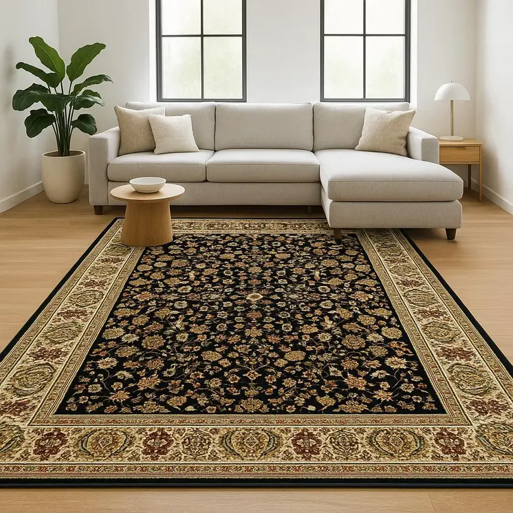 10' X 13' Black And Ivory Oriental Power Loom Stain Resistant Area Rug