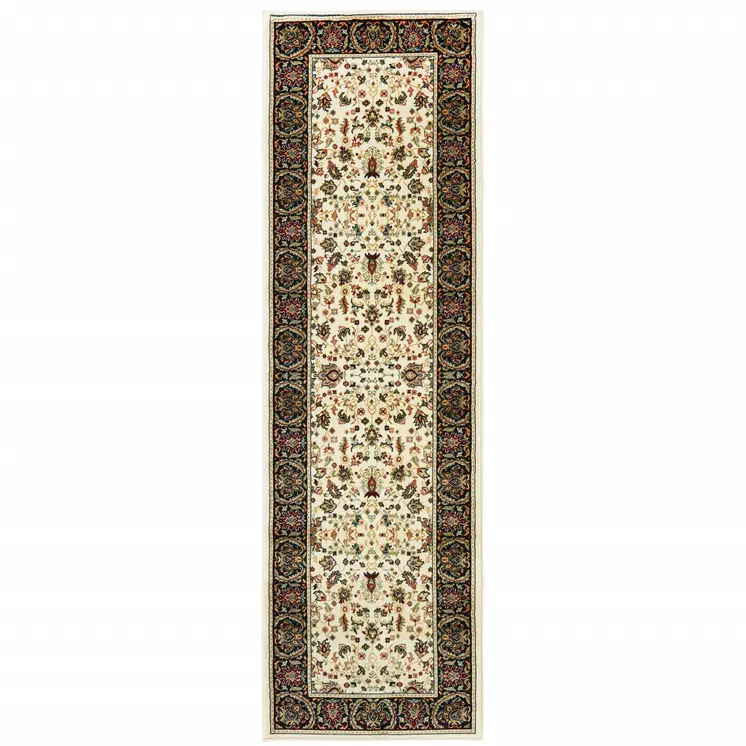 2' X 8' Ivory And Black Oriental Power Loom Stain Resistant Runner Rug