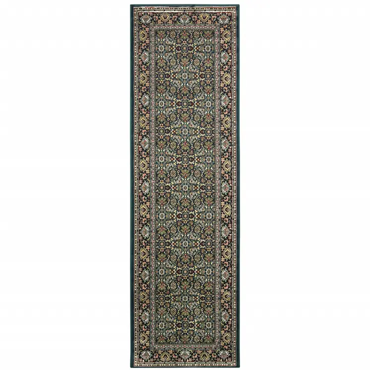 8' Navy Blue Green And Orange Oriental Runner Rug