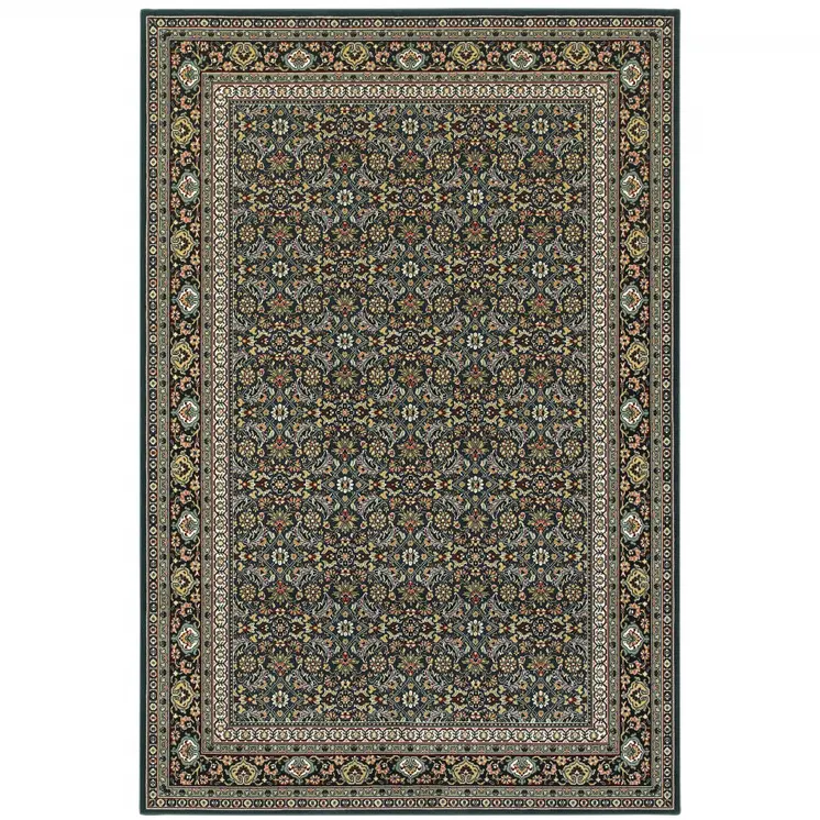 8' X 11' Navy Blue Green Red Ivory And Yellow Oriental Power Loom Stain Resistant Area Rug