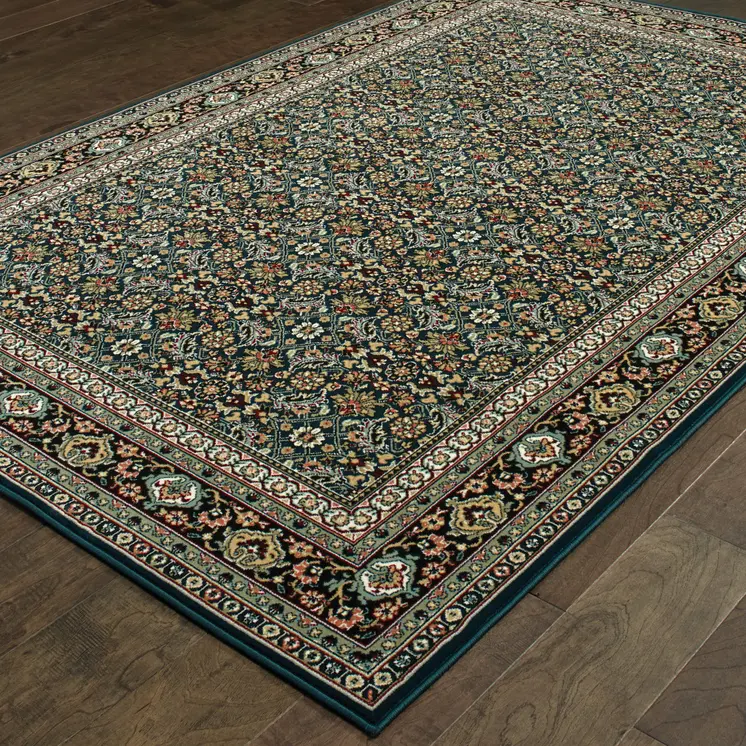 8' X 11' Navy Blue Green Red Ivory And Yellow Oriental Power Loom Stain Resistant Area Rug