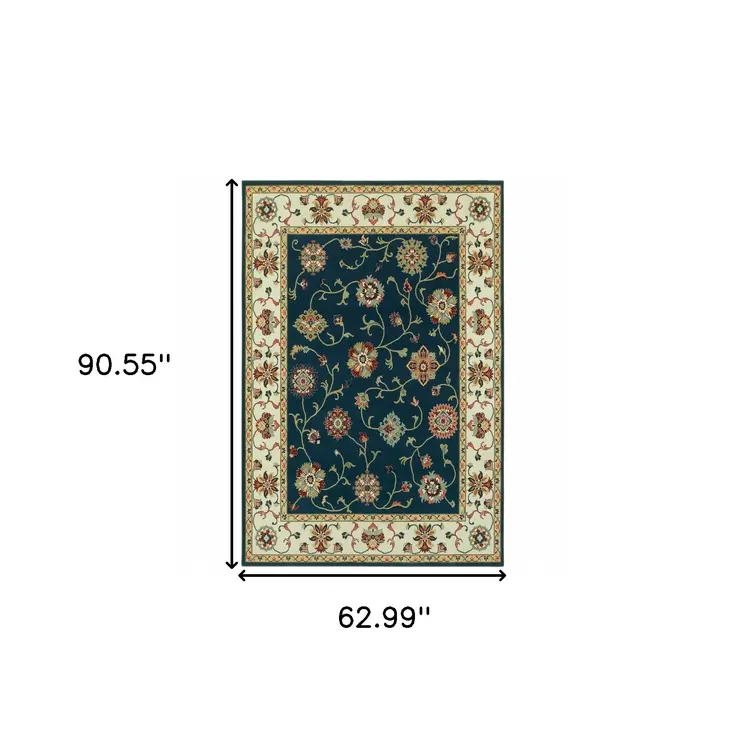 5' X 8' Navy And Ivory Oriental Power Loom Stain Resistant Area Rug