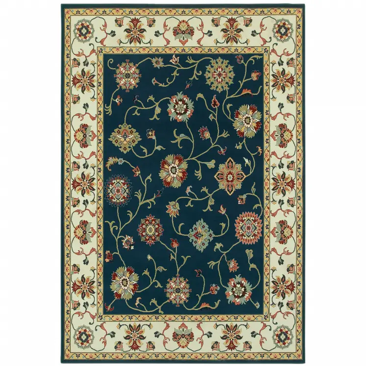 10' X 13' Navy And Ivory Oriental Power Loom Stain Resistant Area Rug