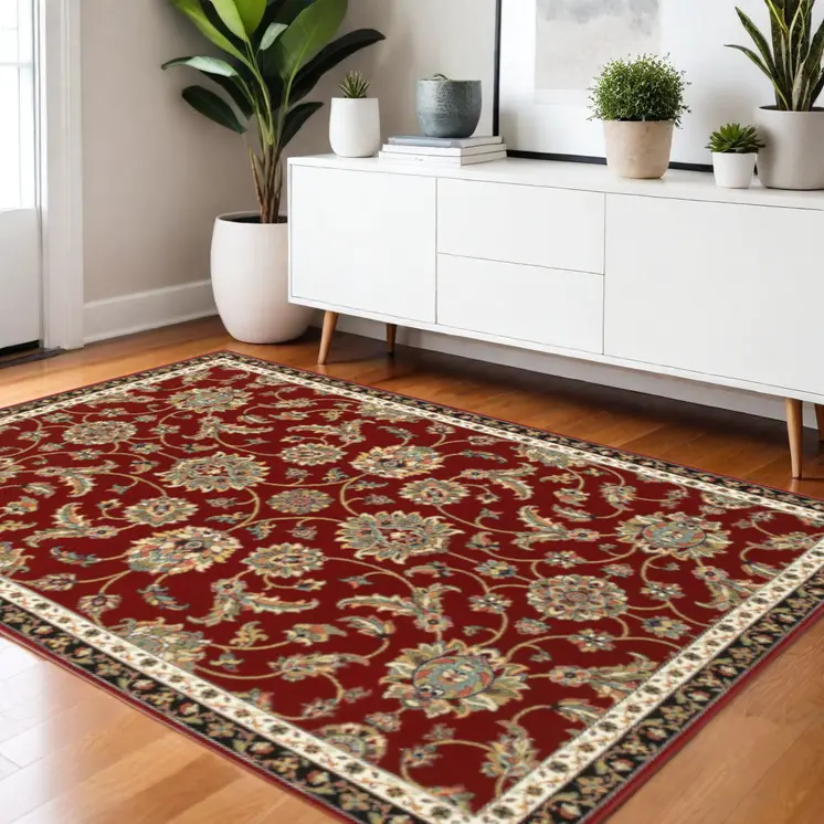4' X 6' Red Black Blue Ivory Green And Salmon Oriental Power Loom Stain Resistant Area Rug