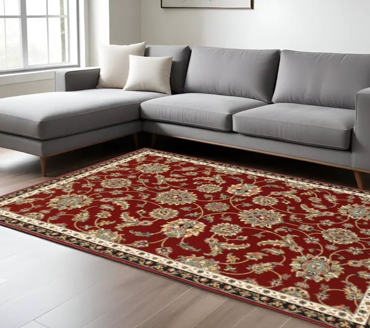 8' X 11' Red Black Blue Ivory Green And Salmon Oriental Power Loom Stain Resistant Area Rug