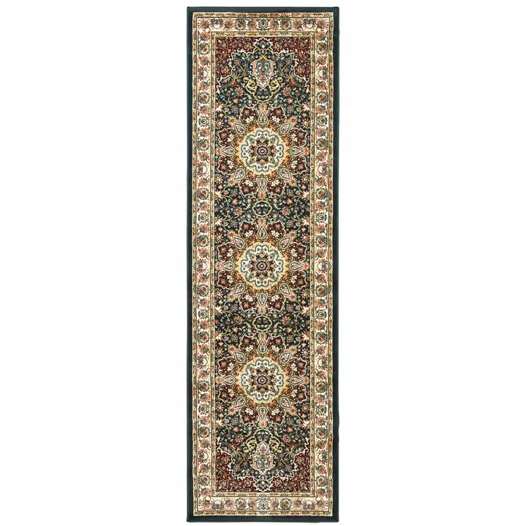 2' X 8' Navy And Ivory Oriental Power Loom Stain Resistant Runner Rug