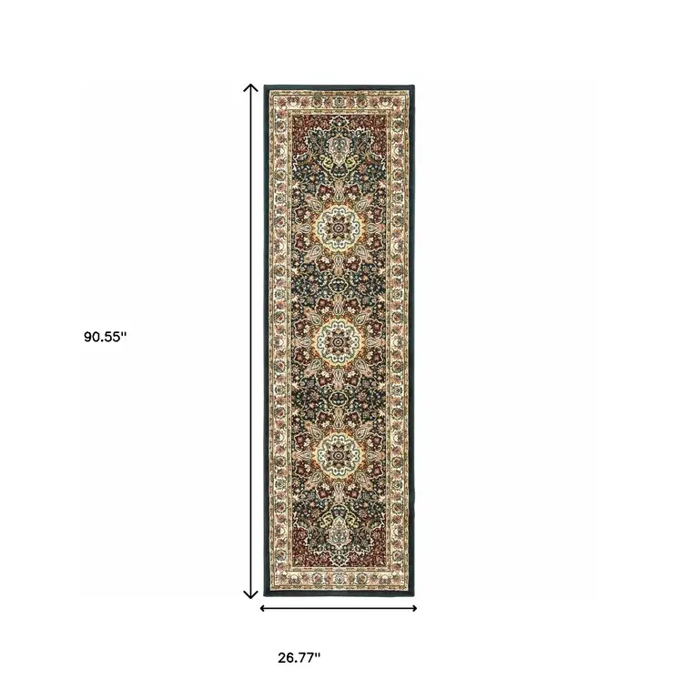 2' X 8' Navy And Ivory Oriental Power Loom Stain Resistant Runner Rug