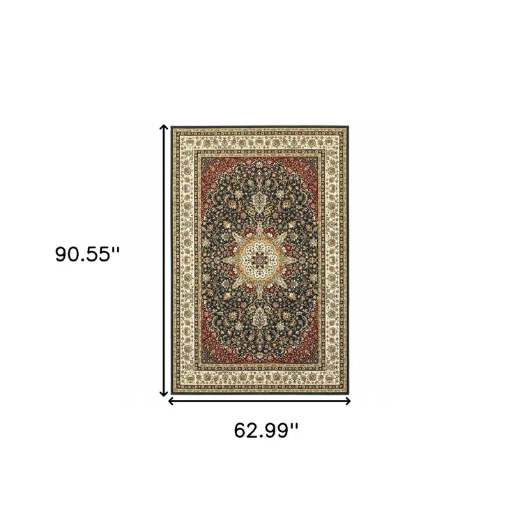 5' X 8' Navy And Ivory Oriental Power Loom Stain Resistant Area Rug