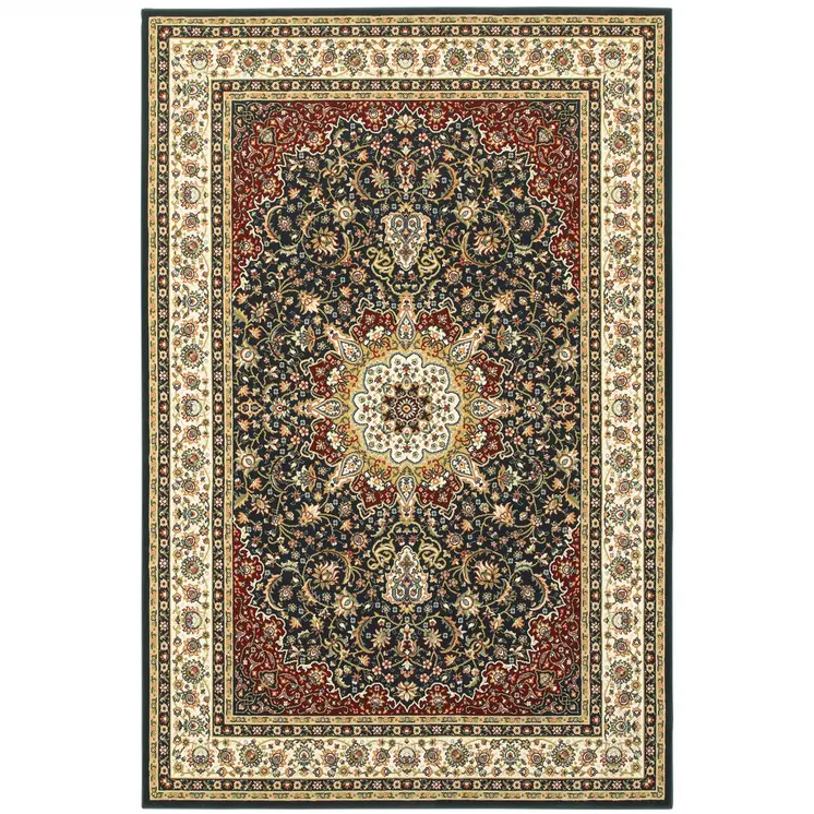 10' X 13' Navy And Ivory Oriental Power Loom Stain Resistant Area Rug