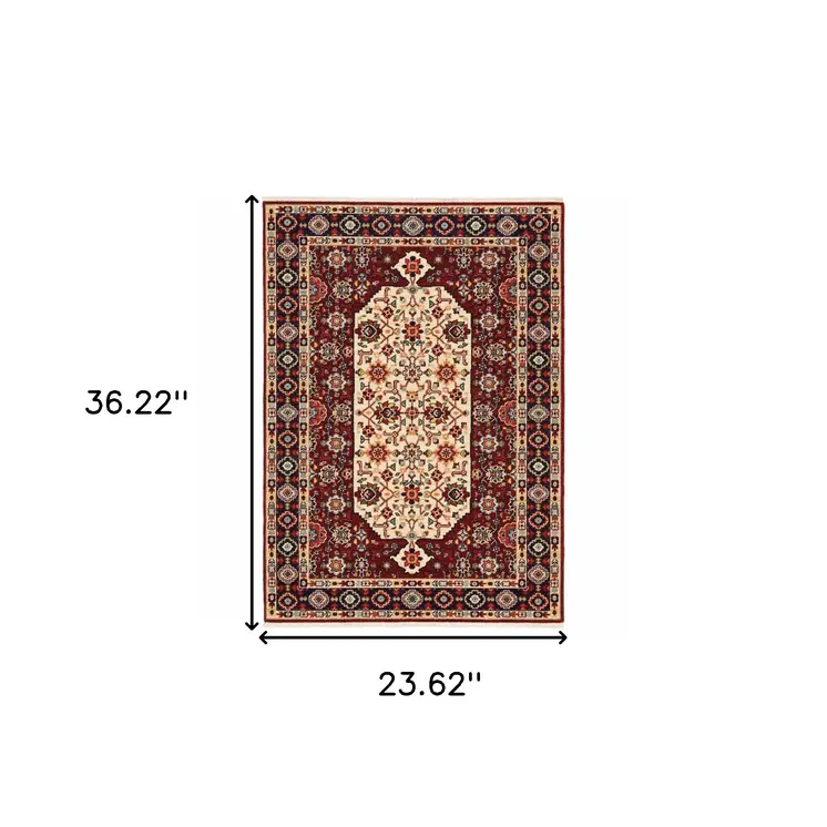 2' X 3' Red Ivory Blue And Orange Oriental Power Loom Stain Resistant Area Rug With Fringe