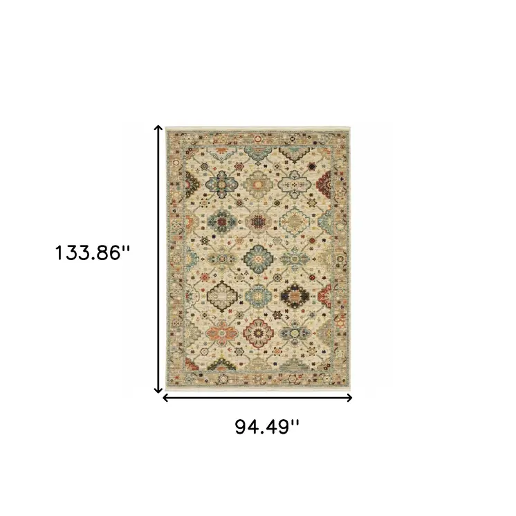 8' X 11' Beige Pale Blue Rust Gold Tan Brown And Orange Oriental Power Loom Stain Resistant Area Rug With Fringe