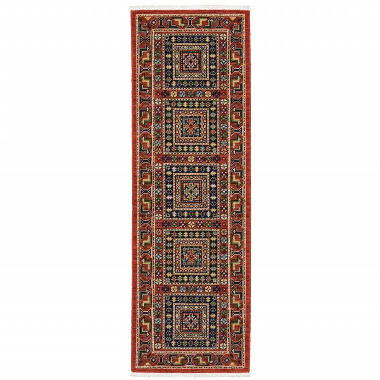 2' X 6' Red Blue Beige And Green Oriental Power Loom Stain Resistant Runner Rug With Fringe