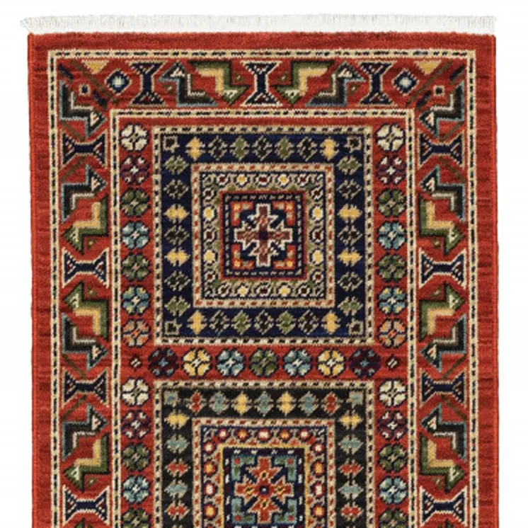2' X 6' Red Blue Beige And Green Oriental Power Loom Stain Resistant Runner Rug With Fringe