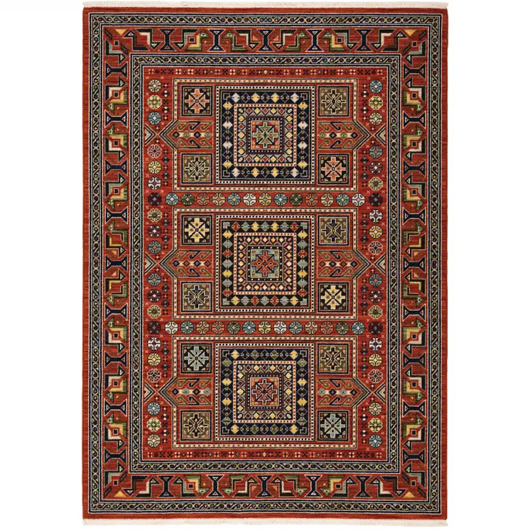 10' X 13' Red Blue And Black Oriental Area Rug With Fringe