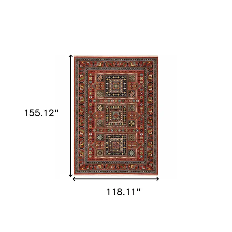 10' X 13' Red Blue And Black Oriental Area Rug With Fringe