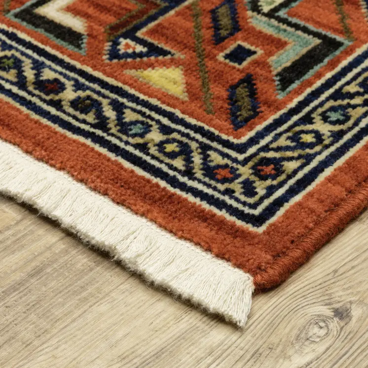 10' X 13' Red Blue And Black Oriental Area Rug With Fringe