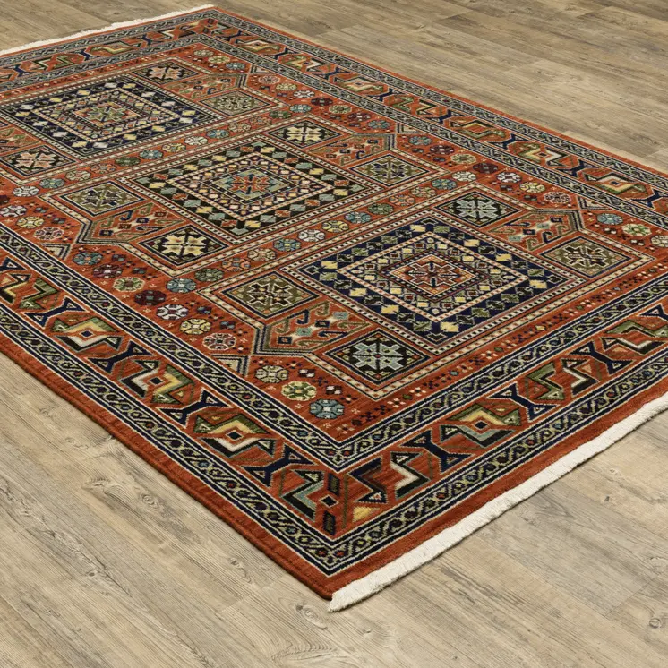 10' X 13' Red Blue And Black Oriental Area Rug With Fringe