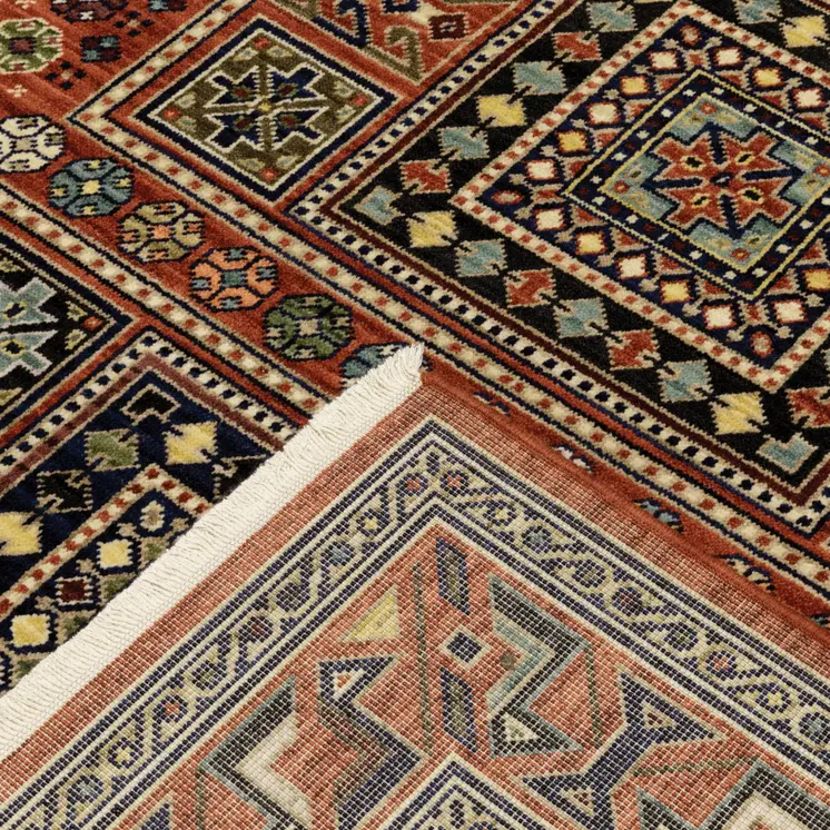 10' X 13' Red Blue And Black Oriental Area Rug With Fringe